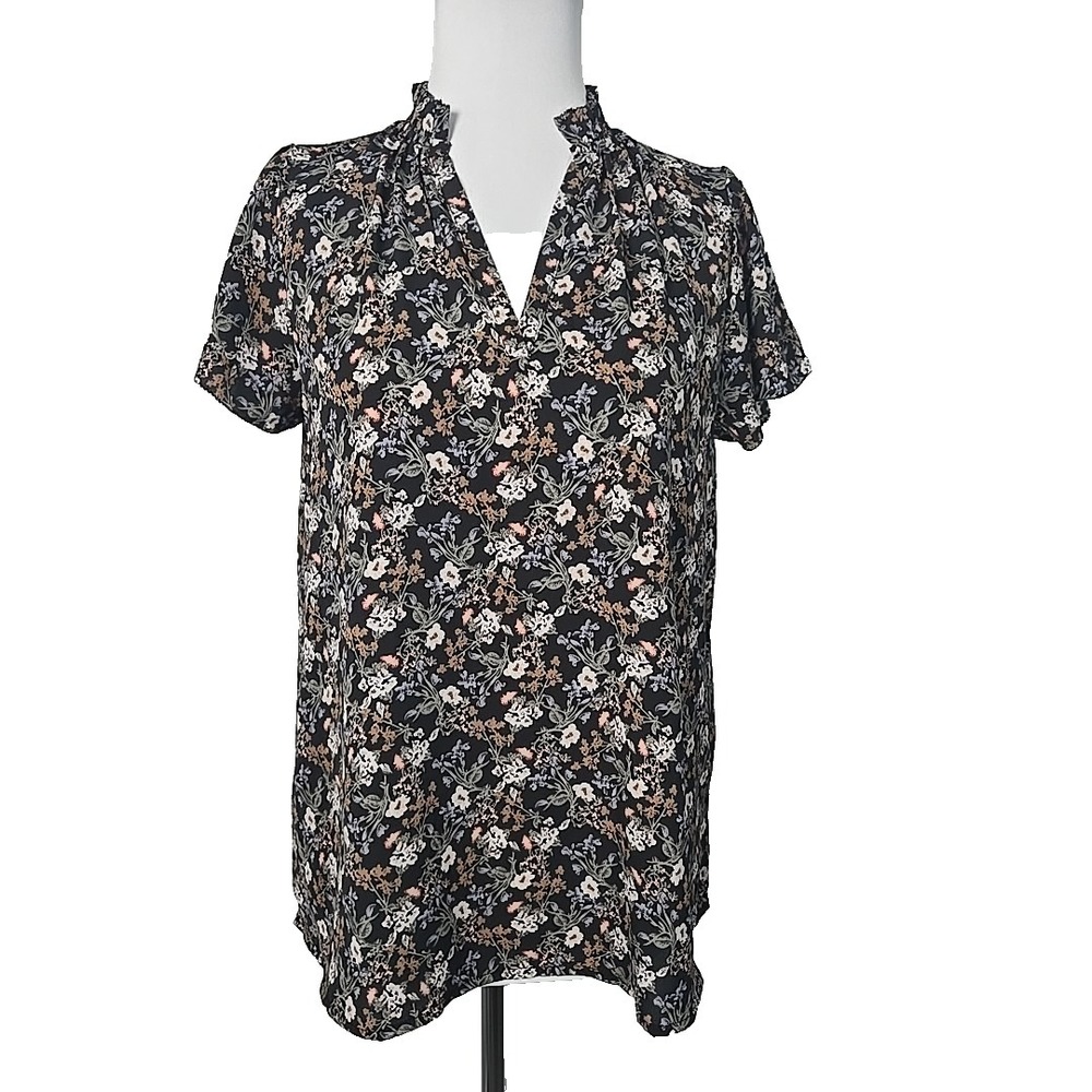 Fun2Fun Black Floral Chiffon V-neck Short Sleeve Blouse‎ Small S
